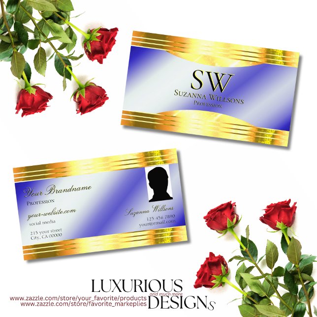 Noble Royal Blue Shiny Gold Borders Monogram Photo Business Card (Creator Uploaded)