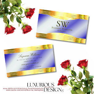 Noble Royal Blue Shiny Gold Borders with Monogram Business Card