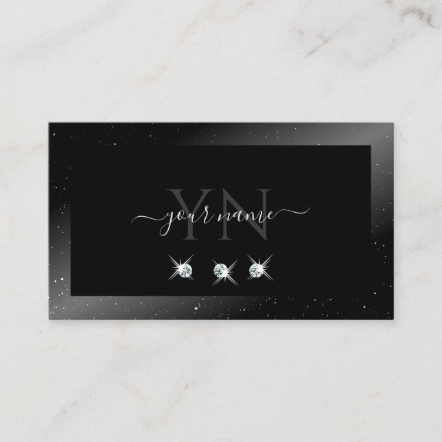 Noble Shimmery Black Sparkling Diamonds Monogram Business Card (Front)