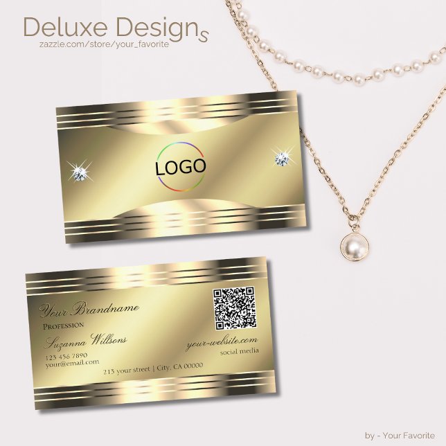 Noble Shimmery Gold Shiny Diamonds Logo QR Code Business Card (Creator Uploaded)