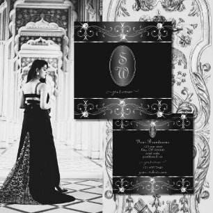 Noble Silver Black White Ornate Ornaments Initials Square Business Card