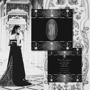 Noble Silver Black White Ornate Ornaments Monogram Square Business Card