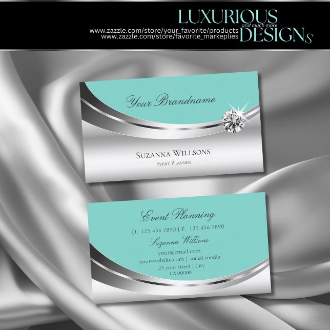 Noble Silver Decor and Teal with Sparkling Diamond Business Card (Creator Uploaded)