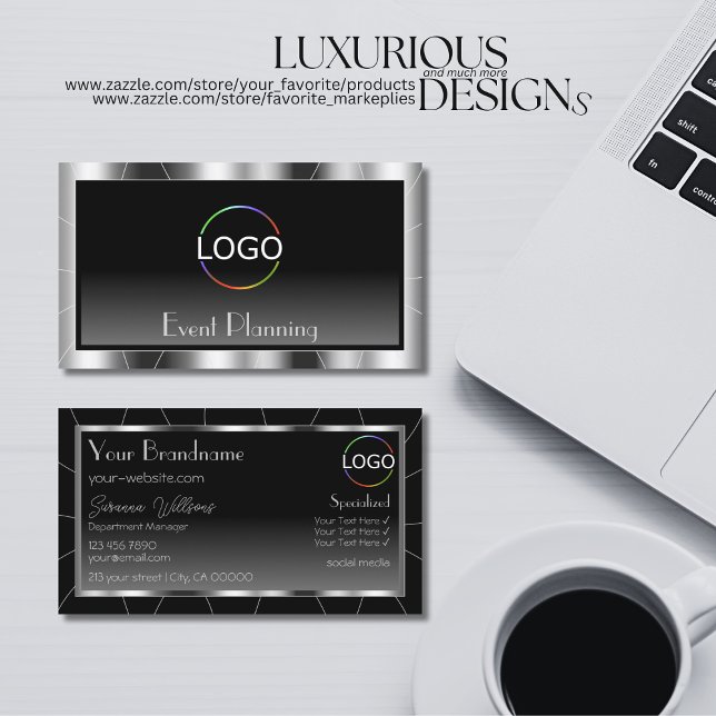 Noble Silver Frame Black Gradient Chic with Logo Business Card (Creator Uploaded)