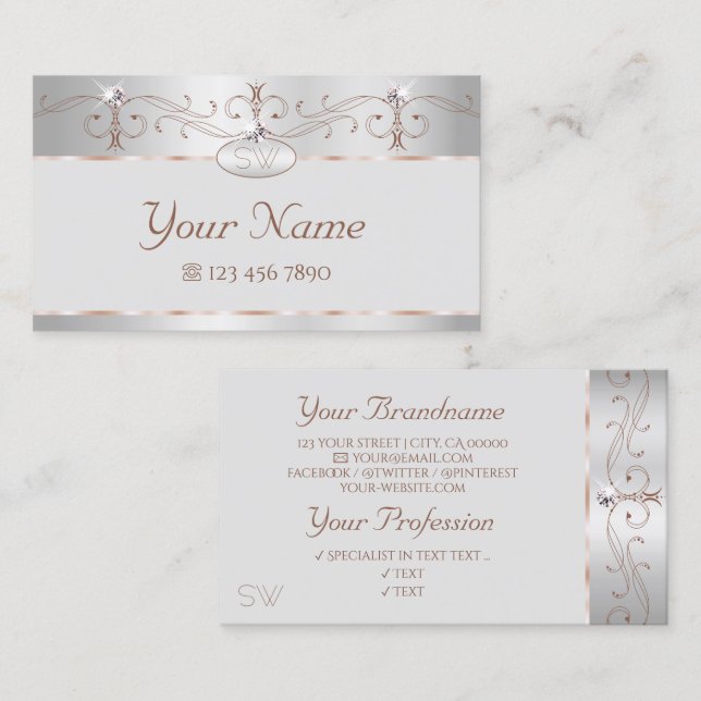 Noble Silver Rose Ornate Sparkle Diamonds Initials Business Card (Front/Back)