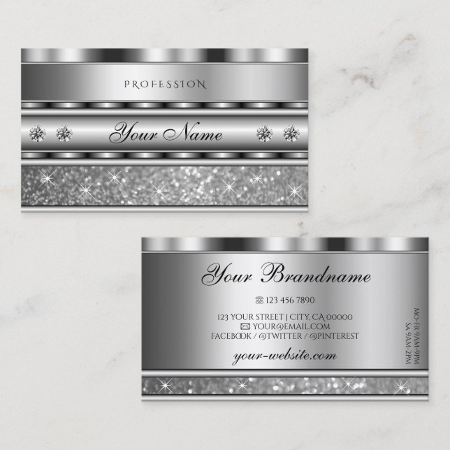 Noble Silver Sparkling Glitter Stars with Diamonds Business Card (Front/Back)