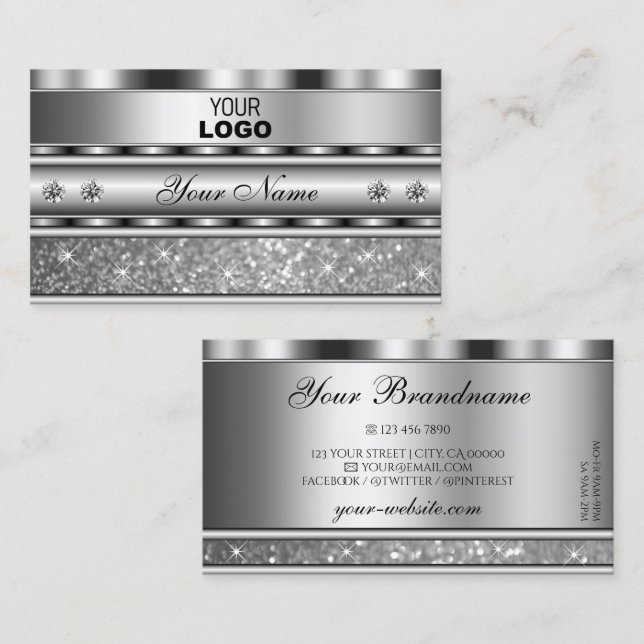 Noble Silver Sparkling Glitter with Logo Diamonds  Business Card (Front/Back)