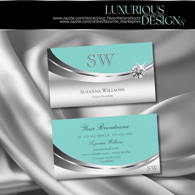 Noble Silver Teal with Monogram Sparkling Diamond Business Card (Creator Uploaded)