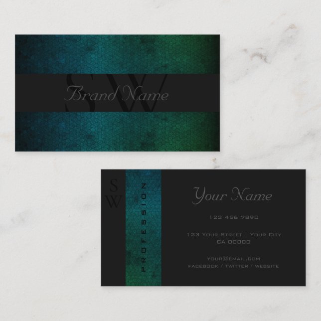 Noble Teal Green Gradient Pattern with Monogram Business Card (Front/Back)
