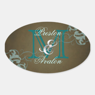 Noble Teal Scroll Monogram Brown Sticker