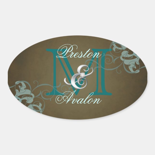 Noble Teal Scroll Monogram Brown Sticker (Front)