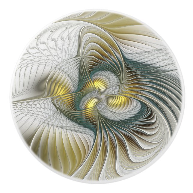 Nobly Golden Teal Abstract Fantasy Fractal Art Ceramic Knob (Front)