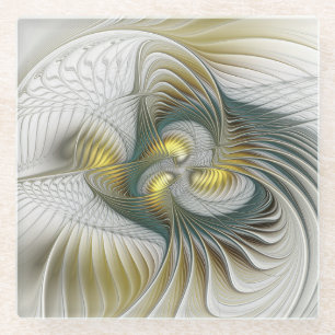 Nobly Golden Teal Abstract Fantasy Fractal Art Glass Coaster