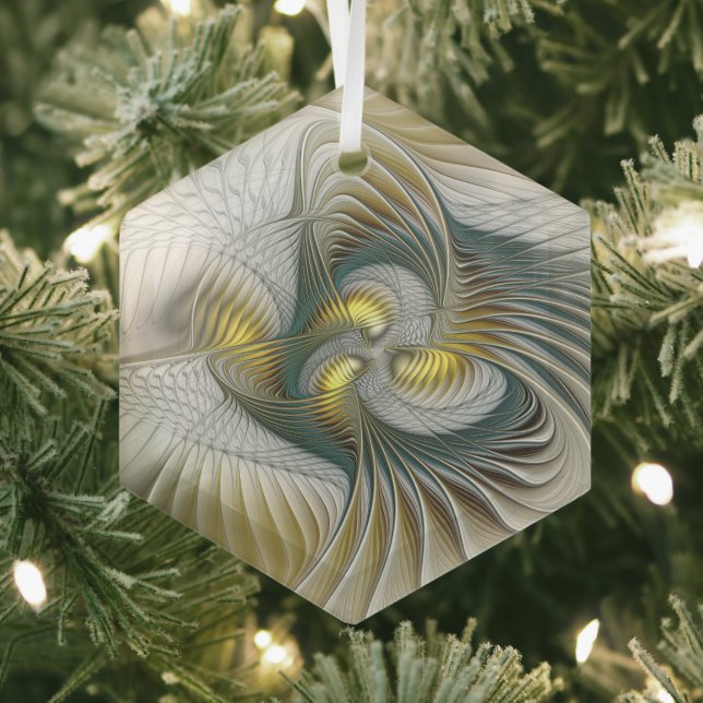 Nobly Golden Teal Abstract Fantasy Fractal Art Glass Ornament (Insitu)