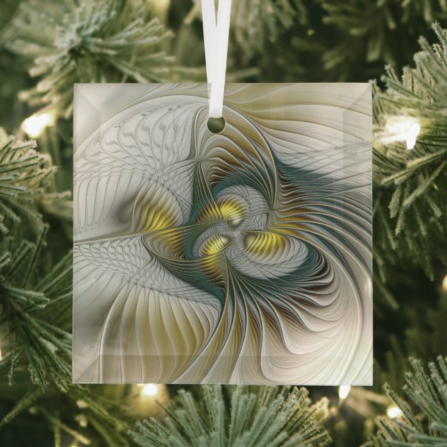 Nobly Golden Teal Abstract Fantasy Fractal Art Glass Ornament (Insitu)