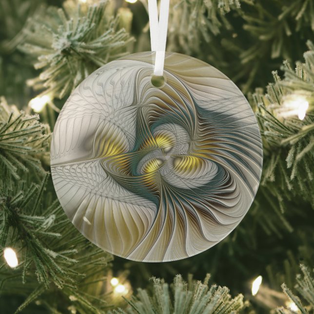 Nobly Golden Teal Abstract Fantasy Fractal Art Glass Ornament (Insitu)