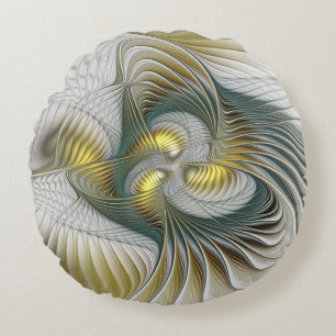 Nobly Golden Teal Abstract Fantasy Fractal Art Round Pillow