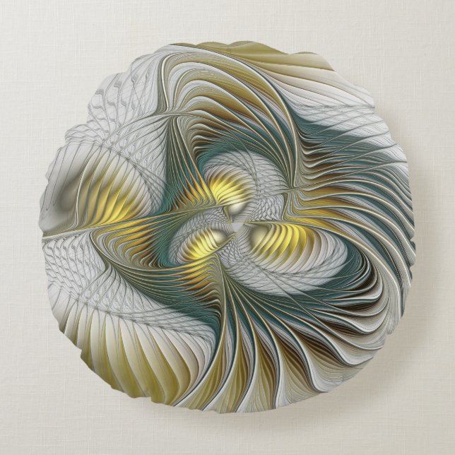 Nobly Golden Teal Abstract Fantasy Fractal Art Round Pillow (Front)