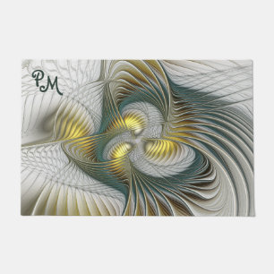 Nobly Golden Teal Abstract Fractal Art Initials Doormat