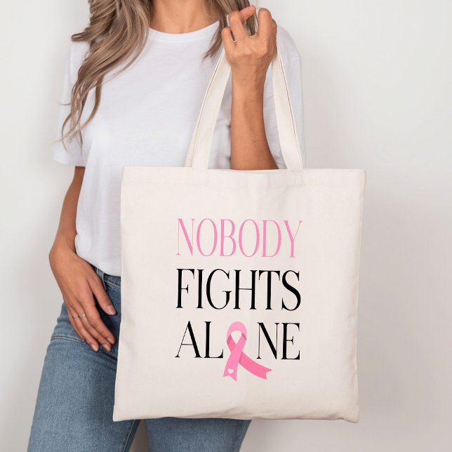 Nobody Fights Alone Pink Ribbon Canvas Tote Bag (Creator Uploaded)
