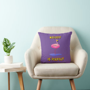 Nobody is perfect - flamingo with swimming ring throw pillow