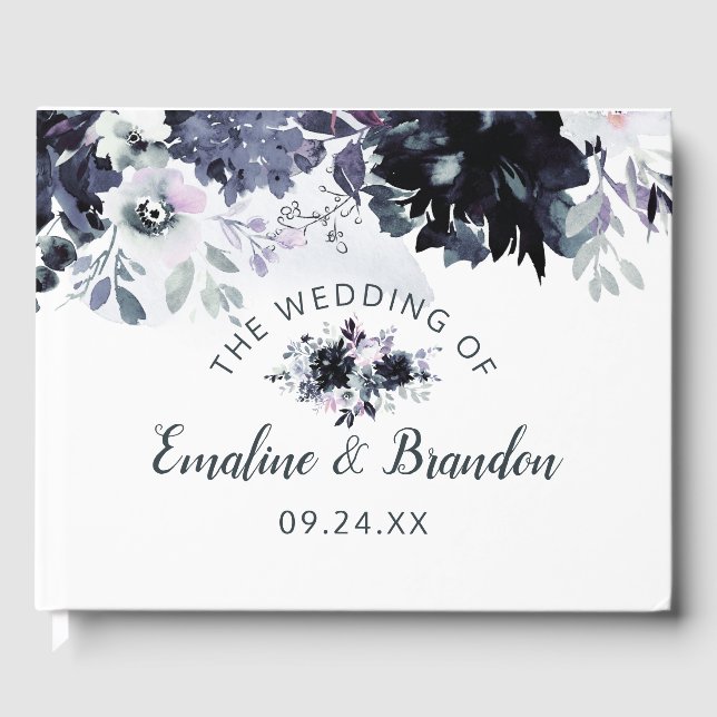 Nocturnal Floral Chic Navy Watercolor Wedding Guest Book (Front)