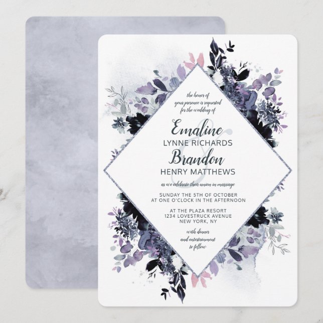 Nocturnal Floral Dusty Blue Diamond Frame Wedding Invitation (Front/Back)