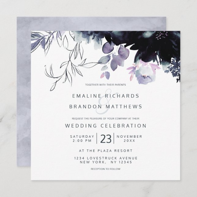 Nocturnal Floral Dusty Blue Square Wedding Invitation (Front/Back)