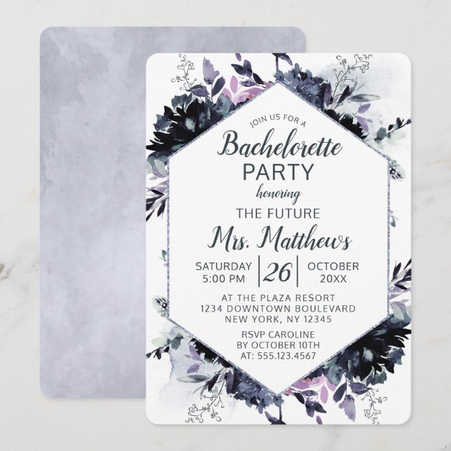 Nocturnal Floral Hexagon Frame Bachelorette Party Invitation (Front/Back)