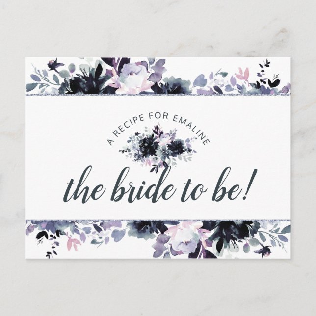 Nocturnal Floral Navy Blue Bride to Be Recipe Card (Front)