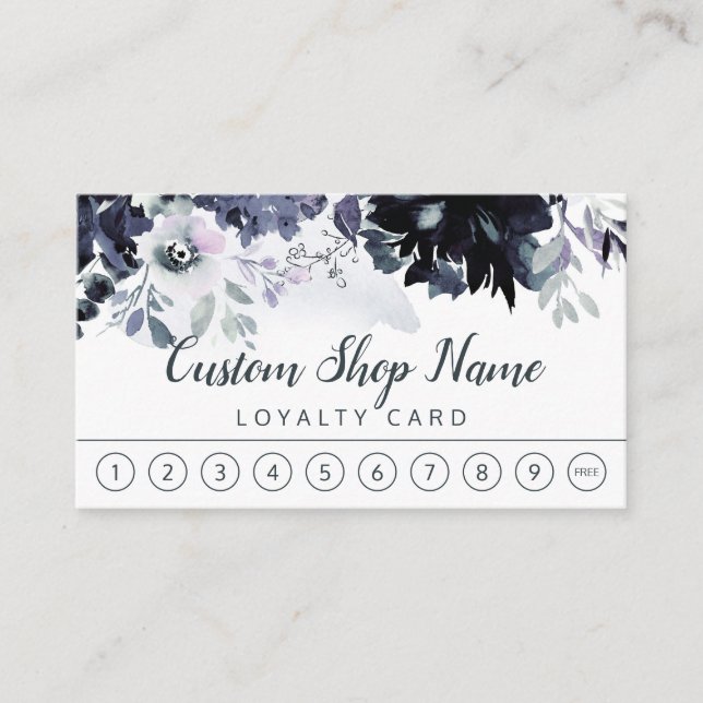Nocturnal Floral Navy Blue Custom Text Business Loyalty Card (Front)
