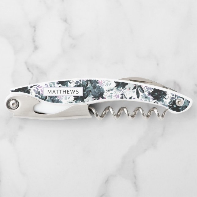 Nocturnal Floral Navy Blue Wedding Monogram Corkscrew (Front)