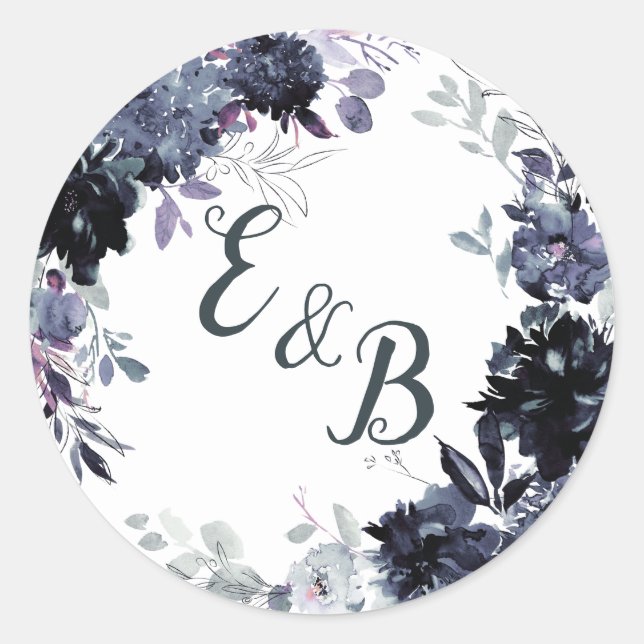 Nocturnal Floral Navy Blue Wreath Monogram Wedding Classic Round Sticker (Front)