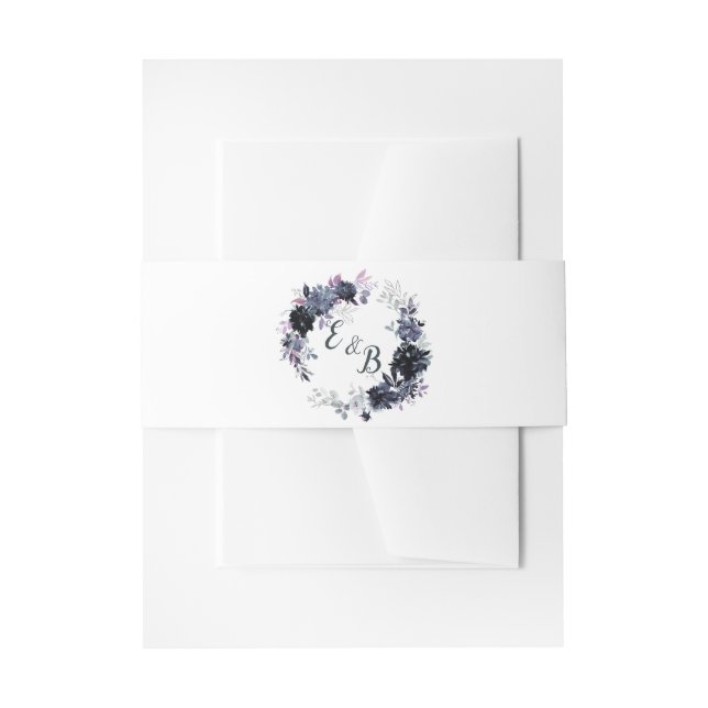 Nocturnal Floral Navy Blue Wreath Wedding Monogram Invitation Belly Band (Front Example)
