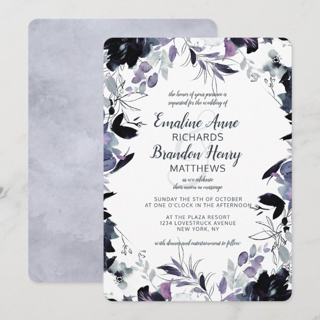 Nocturnal Floral Navy Dusty Blue Border Wedding Invitation (Front/Back)