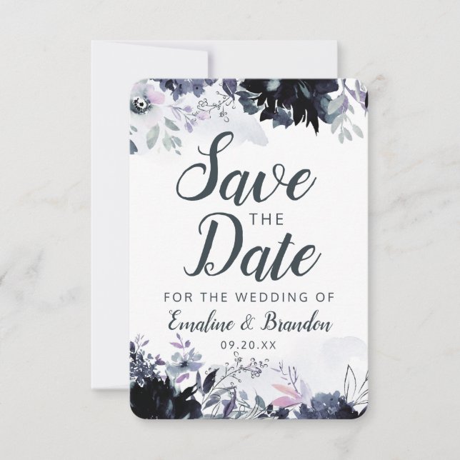 Nocturnal Floral Navy Dusty Blue Brush Strokes Save The Date (Front)