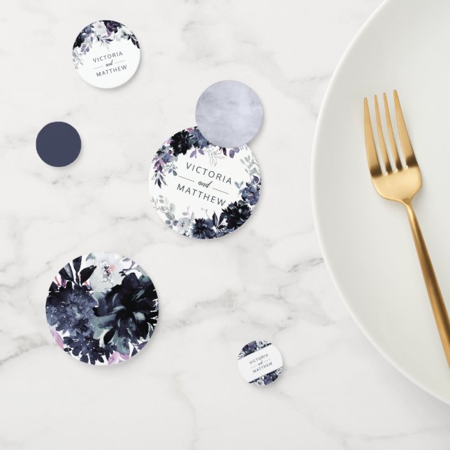 Nocturnal Floral Navy Watercolor Wedding Monogram Confetti (Group)