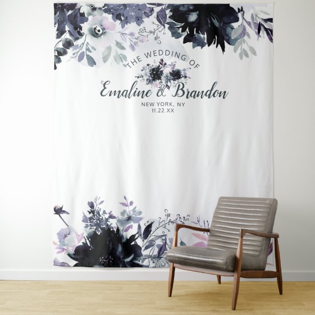 Nocturnal Floral Navy Wedding Photo Booth Backdrop Tapestry (In Situ)