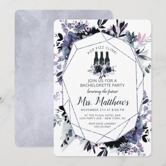 Nocturnal Floral Pop Fizz Clink Bachelorette Party Invitation (Front/Back)