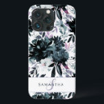 Nocturnal Floral Watercolor Navy Custom Monogram iPhone 13 Pro Case<br><div class="desc">Nocturnal Floral Watercolor Navy Blue Dark Grey Flower Pattern with Boho Hand Painted Flowers, Feathers, and Plenty of colourful Grey, Navy Blue, Dusty Blue, Mauve Pink, Lavender Purple, Silver, and Charcoal leaves and foliage. With Hand Drawn Line elements, Swirly Hand Lettered Fonts and Stylish Silver Glitter Frame & Typography -...</div>