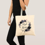 Nocturnal Floral Wreath Maid of Honour Tote Bag<br><div class="desc">Nocturnal Floral Watercolor Lush Flower Design with Hand Painted Stems, Vines, Leaves, Foliage. Colourful Navy blue, Dusty blue, Dark almost Black Grey, and hints of Mauve pink. With Hand Drawn Line elements, Swirly Chic Hand Lettered Brush Script Fonts and Elegant Floral Wreath - Maid of Honour Tote Bags! ~ Check...</div>