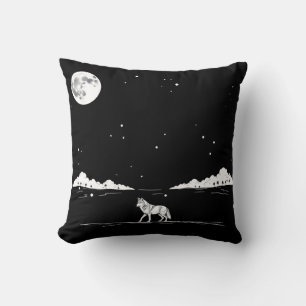 Nocturnal Wolf Moonlit Landscape Illustration Throw Pillow