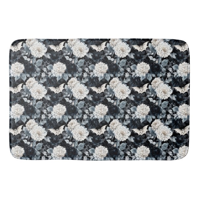 Nocturne Bloom – Bats & Blossoms in Monochrome  Bath Mat (Front)