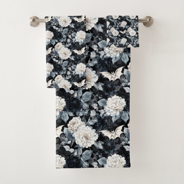 Nocturne Bloom – Bats & Blossoms in Monochrome  Bath Towel Set (Insitu)