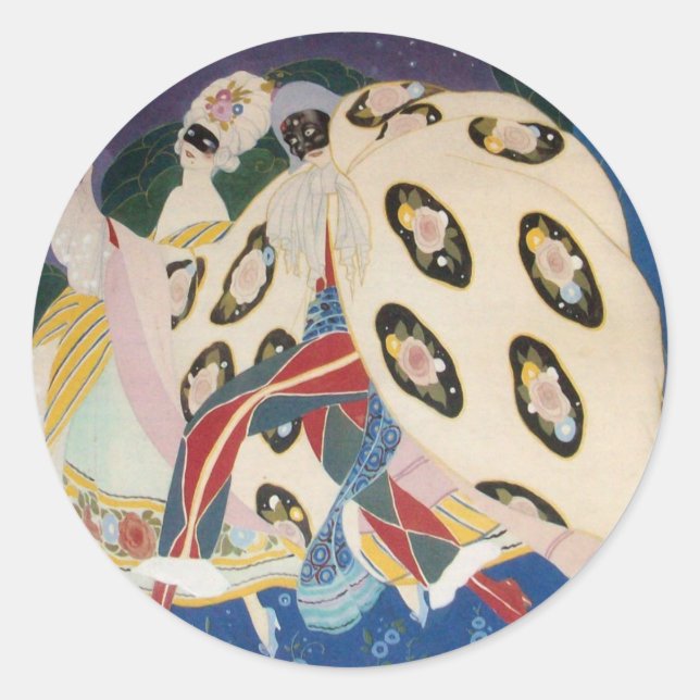 NOCTURNE WITH MASKS / Art Deco Venetian Masquerade Classic Round Sticker (Front)