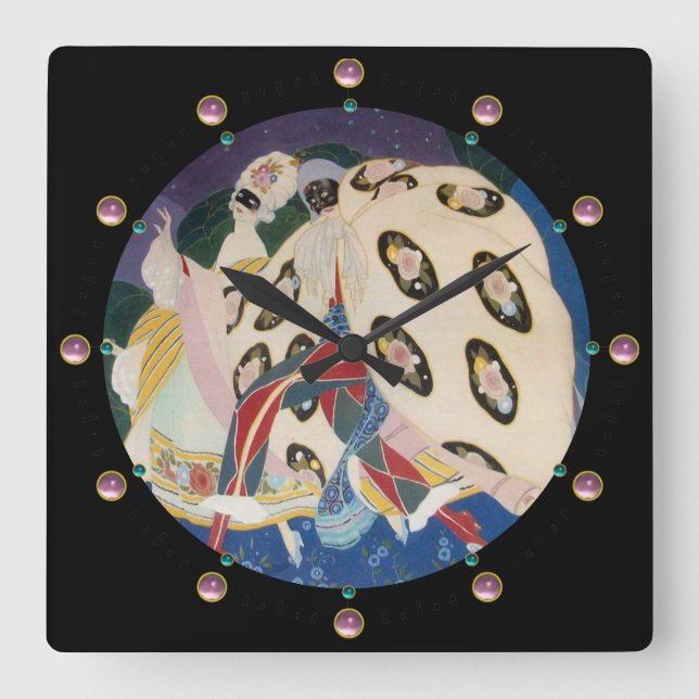 NOCTURNE WITH MASKS / Art Deco Venetian Masquerade Square Wall Clock (Front)