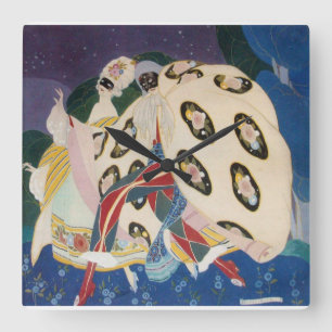NOCTURNE WITH MASKS / Art Deco Venetian Masquerade Square Wall Clock