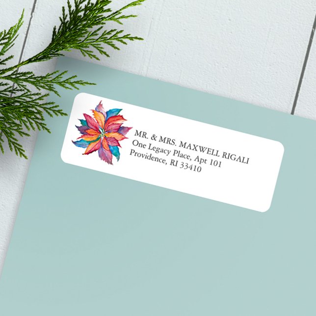 Noël Adresse de retour Étiquettes Botanique coloré (Christmas return address label colorful poinsettia art )