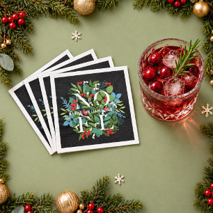 NOEL Berries Greenery Personalized Black Christmas Napkin