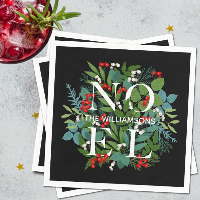 NOEL Berries Greenery Personalized Black Christmas Napkin (Creator Uploaded)